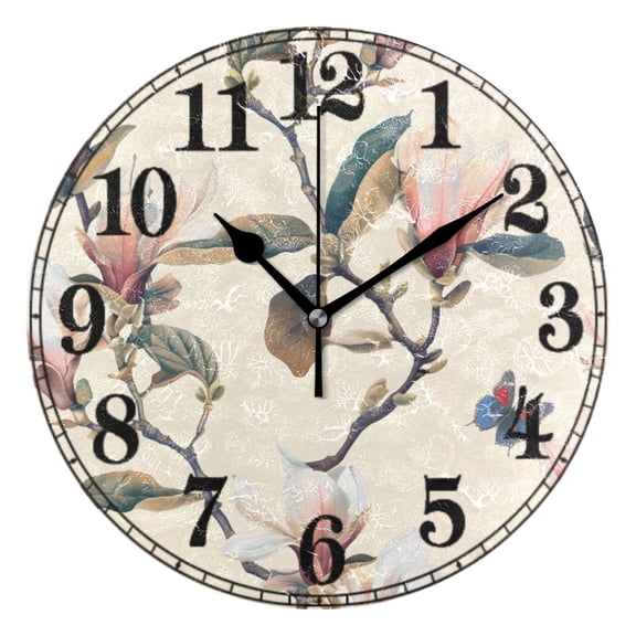 Vintage Magnolia and Butterflies Silent Wall Clock 10" Non-Ticking Battery Clock