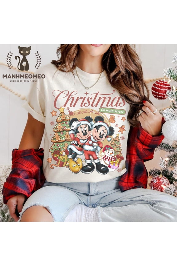 Vintage Main Street Christmas Shirt, Disney Christmas Shirt, Mickey and Minnie Holiday Tee, Disney Christmas Couple Tees