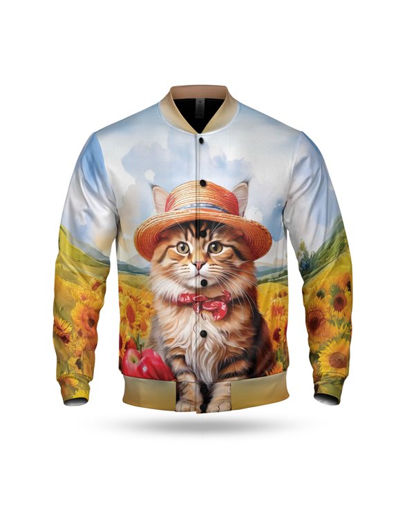 Vintage Maine Coon Say Hello Mother's Day Summer Sunflower Field All Over Print 3D Baseball Jacket Cat Lover Kitten Owner Gifts Bomber Jacket Softball - 12005