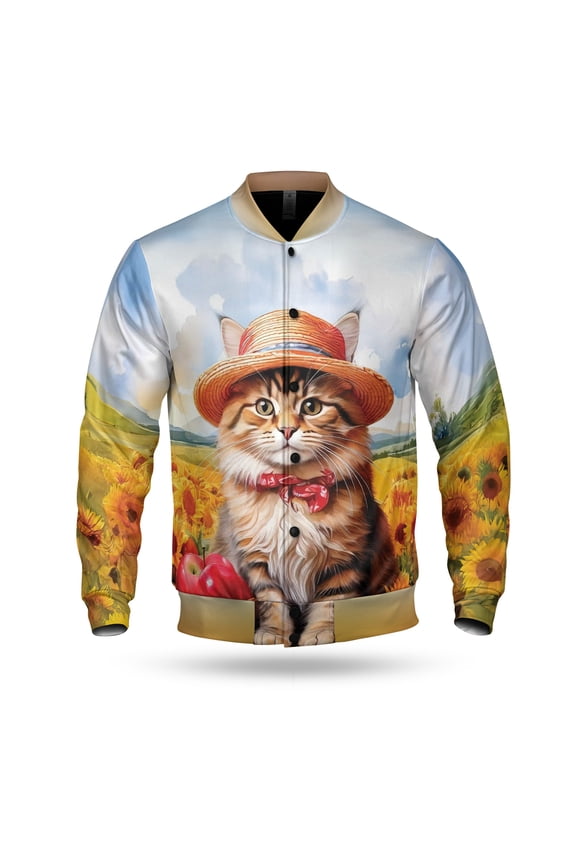 Vintage Maine Coon Say Hello Mother's Day Summer Sunflower Field All Over Print 3D Baseball Jacket Cat Lover Kitten Owner Gifts Bomber Jacket Softball - 12005