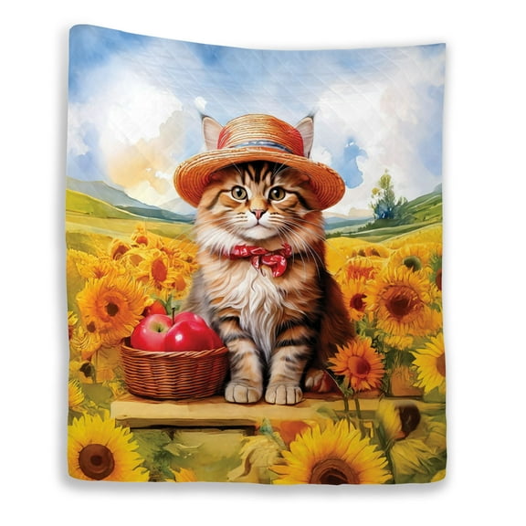 Vintage Maine Coon Say Hello Mother's Day Summer Sunflower Field Quilt Blanket Cat Lover Kitten Owner Gifts Cozy Comforter Throw Blanket - 12005