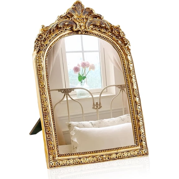 Vintage Makeup Desk Mirror - 7" Gold Antique for Tabletop Resin Frame Decorative Wall Art Living Room, Bedroom Decor, Vanity Table