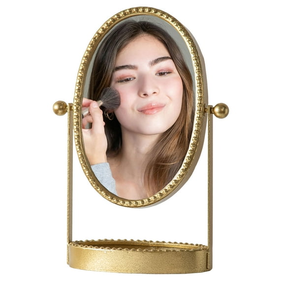Vintage Makeup Mirror, Desk Mirror with Tray, Metal Vanity Mirror with Stand Antique Decorative, 360° Swivel Table Top Mirror for Dresser, Countertop, Bedroom, Bathroom, Living Room, Gold