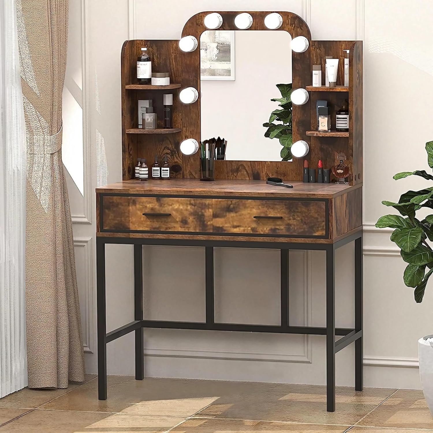 Vintage Makeup Vanity Desk with Mirror and Lights, Modern Vanity Table with 2 Big Drawers and 9 ...