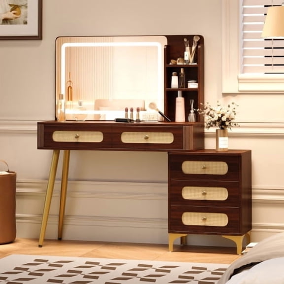 Vintage Makeup Vanity Desk with Mirror and Lights, 47" Dressing Table with 5 Drawers and Rattan Design for Bedroom Brown
