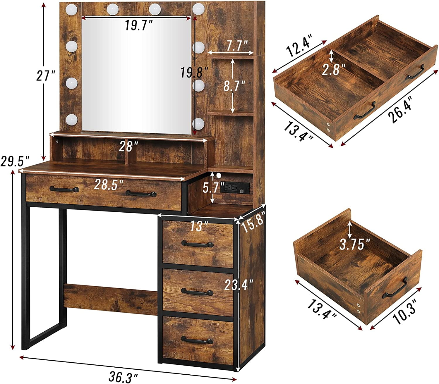 Vintage Makeup Vanity with Lights in 3 Colors, Vanity Table with