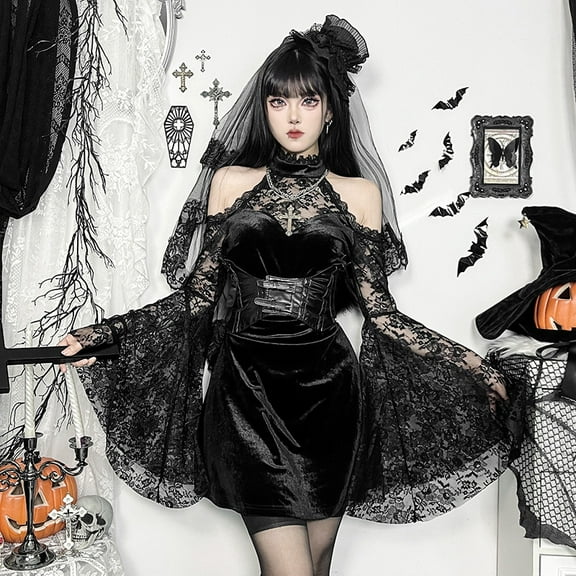 Vintage Mall Gothic Velvet Dress Women Palace Style Lace Flare Sleeve Off The Shoulder Dress Fairycore Grunge Partywear