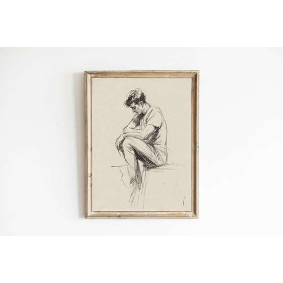 Vintage Of A Man Line Drawing Neutral Farmhouse Home Decor Poster Contemporary Modern Neutral Art Poster Warm Present Vintage UNFRAMED Poster Size 12x18