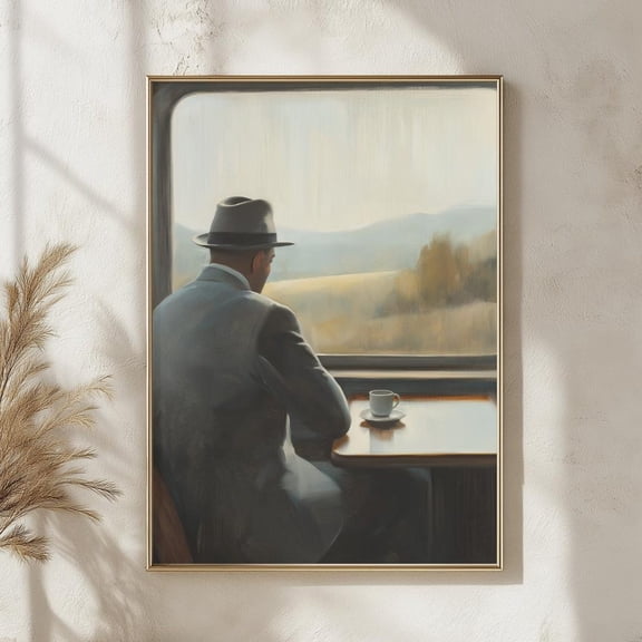 Vintage Man On Train Art Print, Classic Coffee Wall Art, Retro Journey Print, Scenic Railway Decor, Nostalgic Travel Adventure Artwork, Unframed Canvas Size 24x36