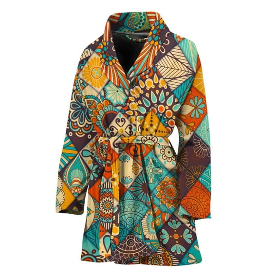 Vintage Mandala Bohemian Pattern Women Bathrobe One Size Univeral Fits, Bohemian Mandala Yoga Boho Fashion Lightweight Plush Fleece Long Robe For Women