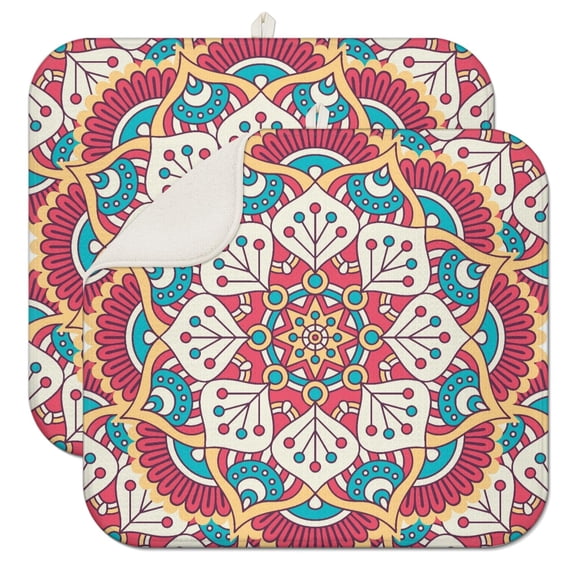 Vintage Mandala Coffee Mat with Artistic Ethnic and Bohemian Floral Patterns – Fast Drying Microfiber Spill Mat, Multi-Functional Dish Drying Pad for Kitchen Counters