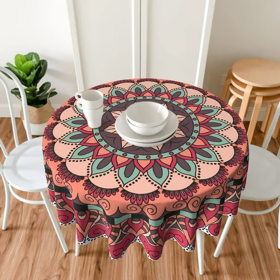 Vintage Mandala Round Tablecloth Retro Boho Floral Table Cloths Waterproof Table Cover for Wedding Party Dining Holiday Banquet