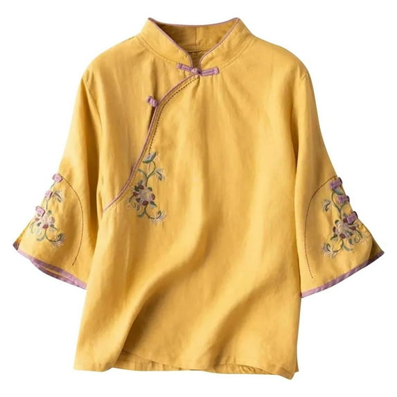 Vintage Mandarin Collar Embroidered Linen Loose Fit 3/4 Sleeve Shirt For Spring Summer Plus Size Women's Top