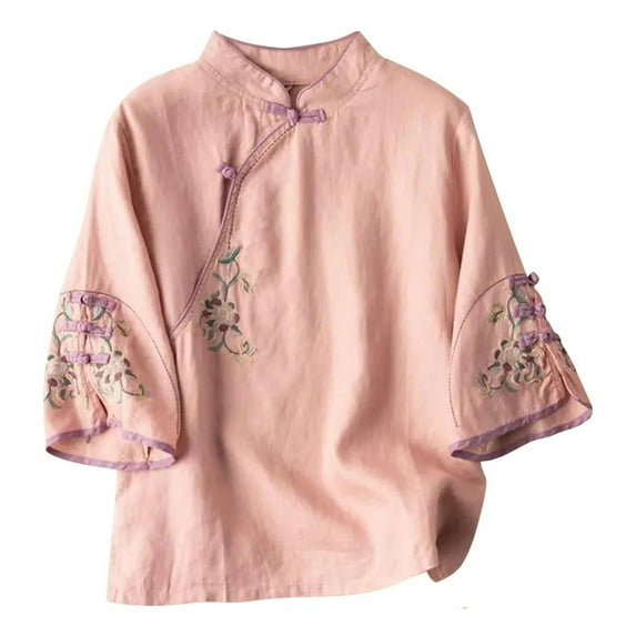 Vintage Mandarin Collar Embroidered Linen Loose Fit 3/4 Sleeve Shirt For Spring Summer Plus Size Women's Top