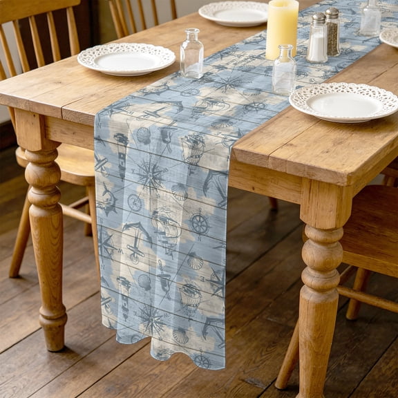 Vintage Map 10ft Cheesecloth Table Runner for Wedding 27"x120", Abstract Route Sailing Anchor Compass Kitchen Dinner Sheer Tulle Chiffon Dresser Scarf, Holiday Party Decorations