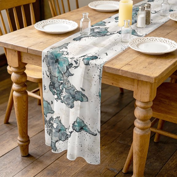 Vintage Map 10ft Cheesecloth Table Runner for Wedding 27"x120", Gray Green Watercolor Color Block Abstract Kitchen Dinner Sheer Tulle Chiffon Dresser Scarf, Holiday Party Decorations