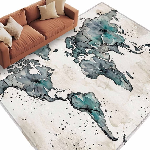 Vintage Map Area Rugs Collection 5'x8', Teal Flowers Color Block Abstract Non Slip Indoor Rectangle Throw Runner Rug Floor Mat Carpet for Living Room Dining Table Bedroom Nursery