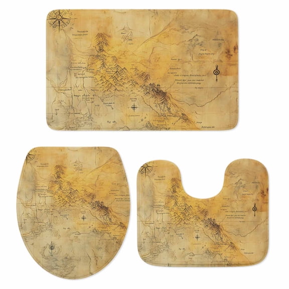 Vintage Map Bath Mat 3 Piece Bathroom Rug Set, Middle Century Farmhouse Natural Landscape Non Slip Bath Rug Contour Mat and Toilet Lid Cover, Absorbent Shower Mats Soft Bath Rugs and Mats Sets