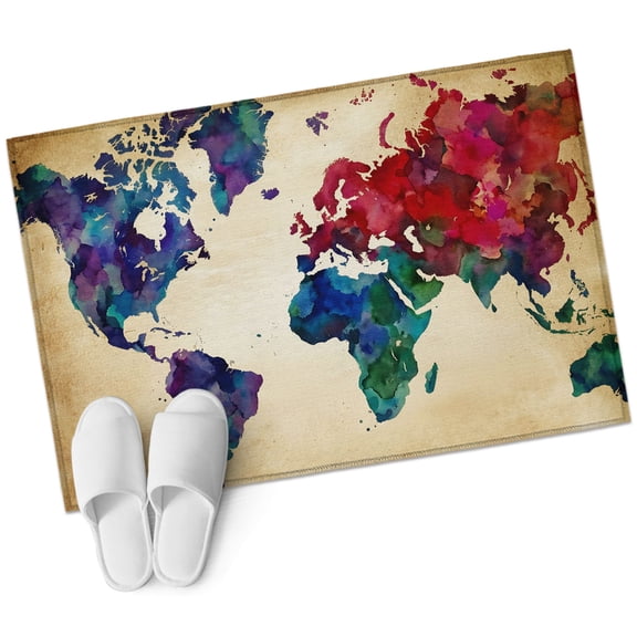 Vintage Map Bathroom Rug Washable 2x3 Entryway Rug Non Slip Travel World Map Watercolor Splashes Front Door Mat Low Pile Indoor Doormat Throw Floor Carpet for Kitchen Bedroom Entrance