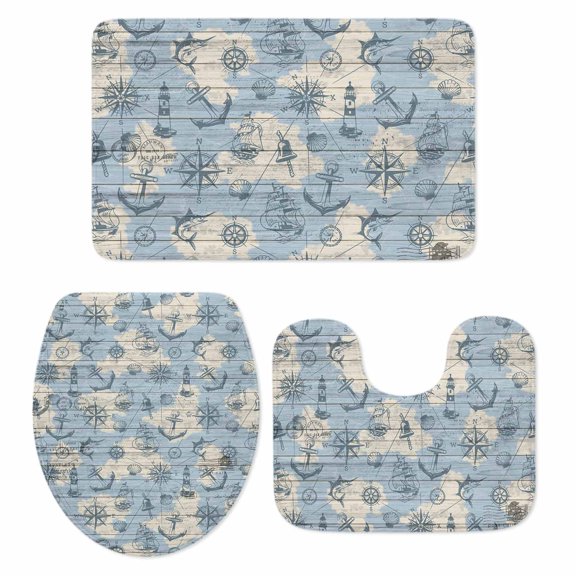 Vintage Map Bathroom Rugs Set Abstract Route Sailing Anchor Compass Non Slip Absorbent Soft Bath Mats 3 Piece Set with Bathroom Rug, U-Shaped Floor Mat, Toilet Seat Cover Large Size