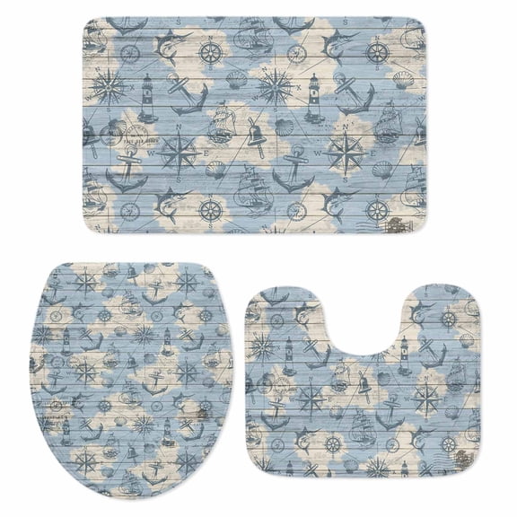 Vintage Map Bathroom Rugs Set Abstract Route Sailing Anchor Compass Non Slip Absorbent Soft Bath Mats 3 Piece Set with Bathroom Rug, U-Shaped Floor Mat, Toilet Seat Cover Small Size