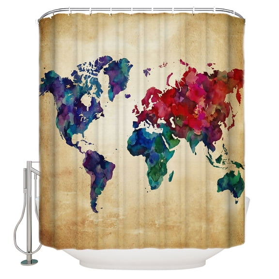 Vintage Map Bathroom Shower Curtains with 12 Hooks Polyester Waterproof Shower Curtain for Stalls and Bathtubs Travel World Map Watercolor Splashes Decorative Bathroom Privacy Curtain 36x72 Inches