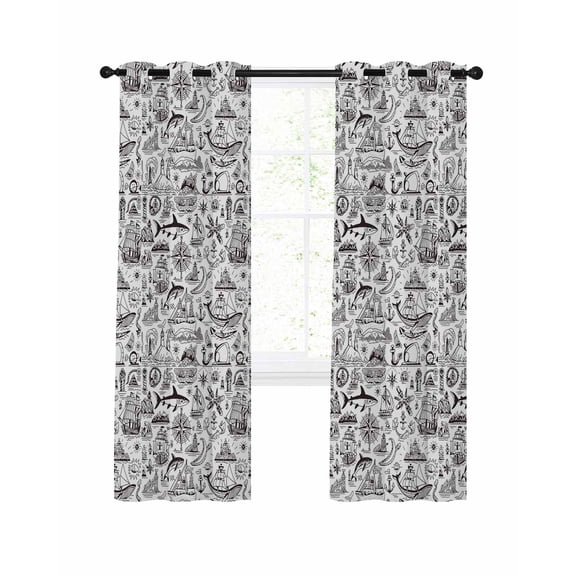 Vintage Map Blackout Curtains for Bedroom Living Room, Watercolor Navigation Boat Black Line 45 In Long Thermal Insulated Room Darkening Drapes Grommet Window Treatments, 42 x 45 In