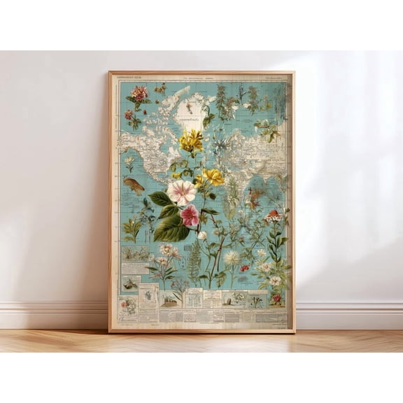 Vintage Map Botanical Flower Antique Geography Floral Old World Atlas Nature Archive Decor, Unframed Canvas