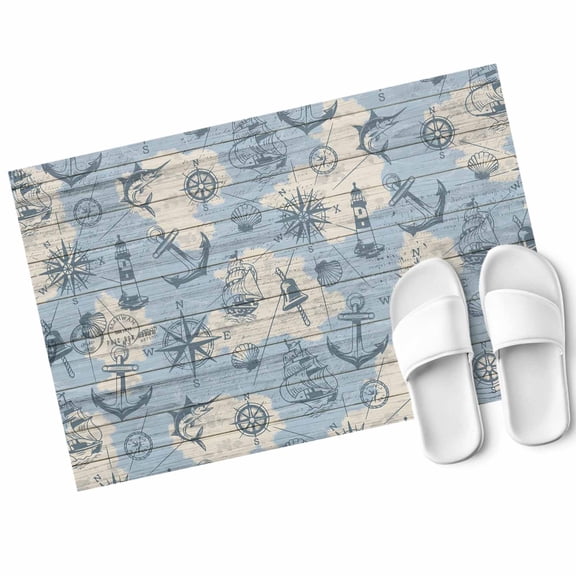 Vintage Map Door Mat Abstract Route Sailing Anchor Compass Non Slip Absorbent Entrance Mat Washable Low Profile Indoor Doormat for Front Door Entryway Entry 16"x24"