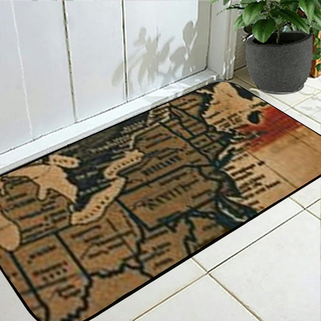 Vintage Map Door Mat Retro Geometric Rustic Western Red Blue Rubber Non