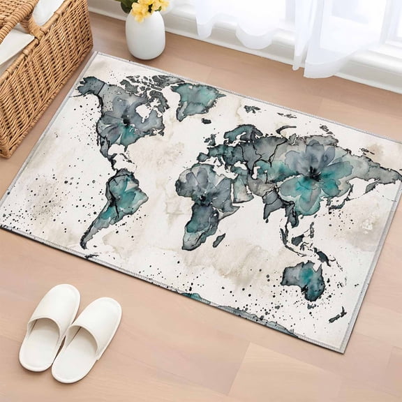 Vintage Map Entryway Rug 2'x3'&nbsp; Non Slip Front Door Mats, Teal Flowers Color Block Abstract Entrance Rugs Indoor Outdoor Carpet, Washable Floor Mats Small Area Rug for Bedroom Kitchen