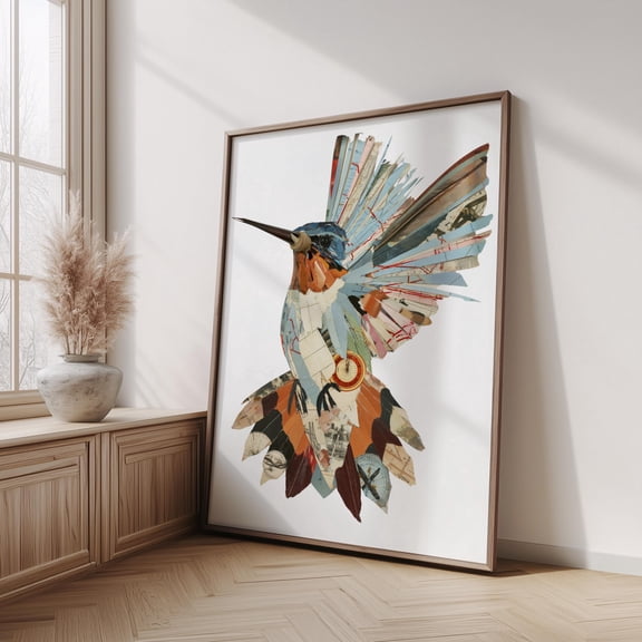 Vintage Map Hummingbird Collage Art Mixed Media Bird Poster Eclectic Travel Decor , Poster Print Only