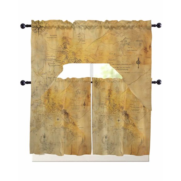 Vintage Map Kitchen Curtains Sets 36 Inch Length with Valance, Middle Century Farmhouse Natural Landscape Swag Valances and Tiers Curtain Set Drapes Swag Curtains for Living Room, Bathroom, Bedroom