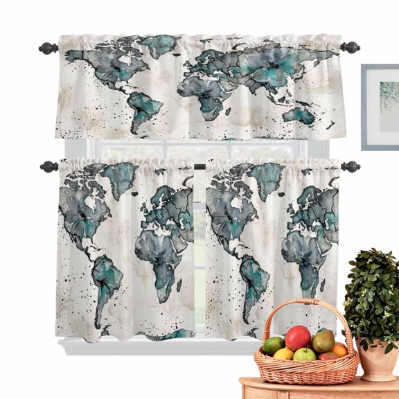 Vintage Map Kitchen Curtains Valances 3 Piece Set, Gray Green Watercolor Color Block Abstract Rod Pocket Tier Curtain and Valance Drapes for Small Window 36 Inch Length for Bedroom Cafe