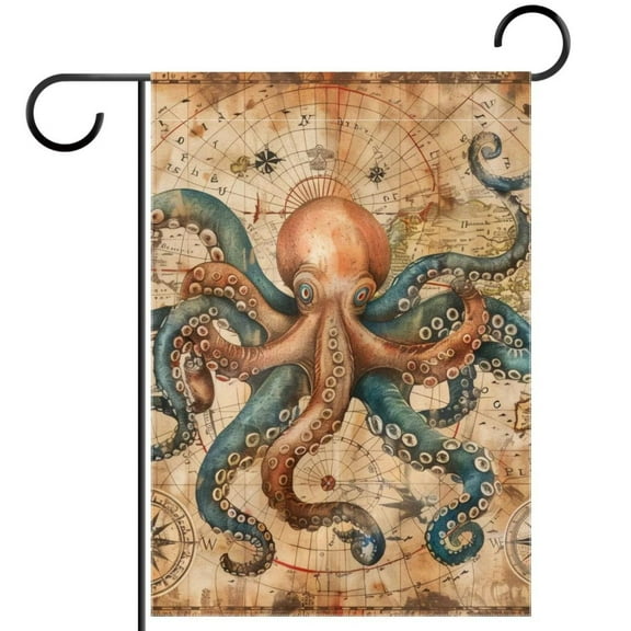 Vintage Map Ocean Octopus Sailboat Anchor Compass Double Sided Garden Flag Decorative Weather Resistant Yard Flag, Large DIY Vertical Flag for Farmhouse Patio Lawn, 28x40 Inch