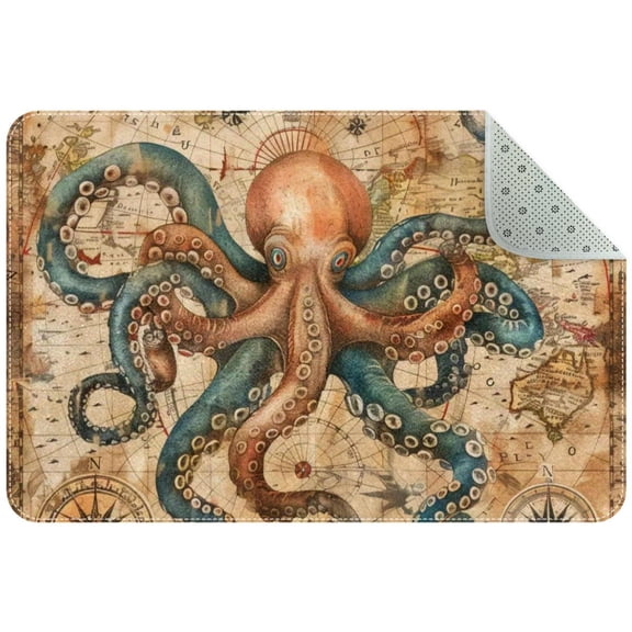 Vintage Map Ocean Octopus Sailboat Anchor Compass Small Area Rug, Non-Slip Door Mat Indoor Floor Mat, Washable Kitchen Rug Entrance DMat for Bedroom Living Room