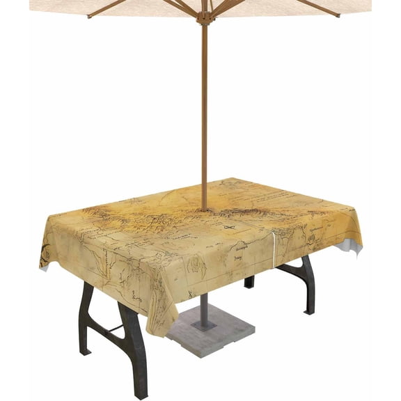 Vintage Map Outdoor Tablecloth with Umbrella Hole Rectangle,Middle Century Farmhouse Natural Landscape Waterproof Table Cloth Washable Wipeable Cover Spill Proof for Patio Summer Picnic BBQ 60x120
