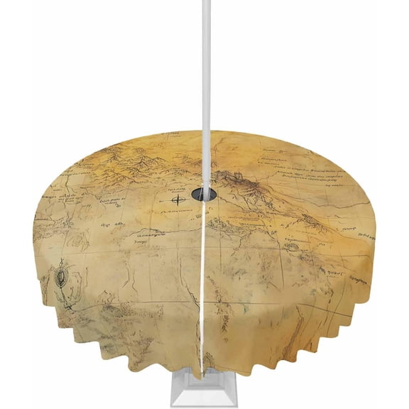 Vintage Map Outdoor Tablecloth with Umbrella Hole Round, Middle Century Farmhouse Natural Landscape Waterproof Table Cloth Washable Wipeable Cover Spill Proof for Patio Spring Summer Picnic BBQ 60"