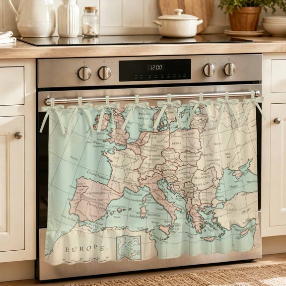 Vintage Map Oven Curtain with Tie Top, Oven Skirt Curtain for Kitchen, Western Retro Art Maps Under OvenCover Panel for Dust & Grease Protection, Apartment RV Cabinet Curtains 27''x20''