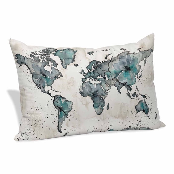 Vintage Map Pillow Covers 16"x24", Teal Flowers Color Block Abstract Soft Brushed Microfiber Breathable Throw Pillow Covers, Decorative Pillowcase with Zipper for Couch Sofa Bedroom Living Room
