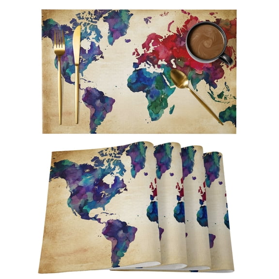 Vintage Map Placemats Set of 4 Travel World Map Watercolor Splashes Place Mats Indoor Wipeable Table Mats Washable Cloth Dining Table Placemats for Kitchen Holiday Party Home Decor 13x19 Inch