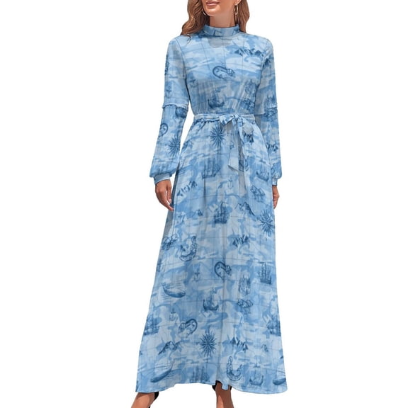 Vintage Map Print Dress Sarasota Florida Cute Maxi Dress Boho Beach Long Dresses High Neck Pattern Vestidos