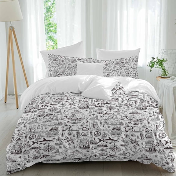 Vintage Map Queen Size Comforter Set, Watercolor Navigation Boat Black Line Bedding for All Seasons, 4 Pcs Bed Set, 1Quiltcover (90"x92") ,1Sheet(94"x116"), 2Pillowcases (30"x20")
