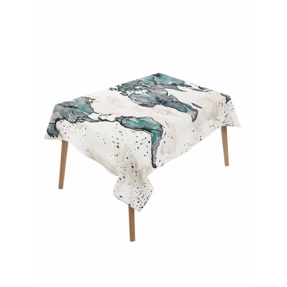 Vintage Map Rectangle Tablecloth, Teal Flowers Color Block Abstract Waterproof & StainResistant Tablecloth, Washable Oil-proof Table Cover for Dining/Party/Wedding/Camping/Buffet 52x70 In