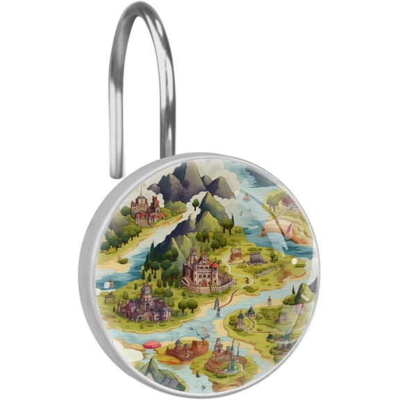 Vintage Map Rolling Shower Curtain Hooks, Clear Crystal Glass Art Decorative Stainless Bath Bathroom Set 12 Pcs