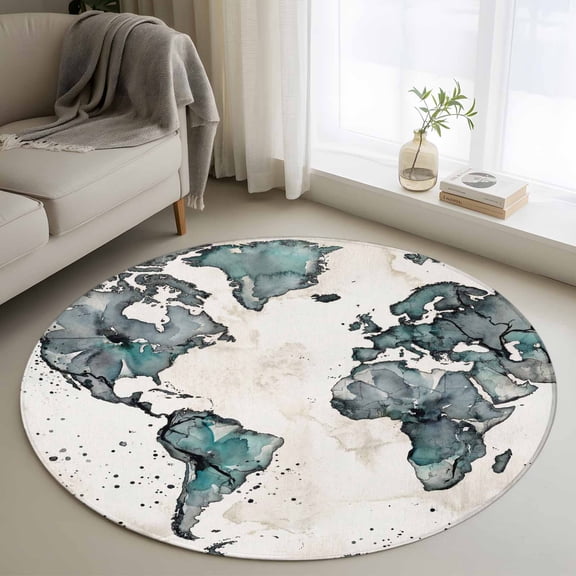 Vintage Map Round Area Rug 4ft, Teal Flowers Color Block Abstract Washable Non-Slip Circle Rugs for Bedroom Living Room Kitchen, Soft Non Shedding Circle Carpet for Dining Room Dorm