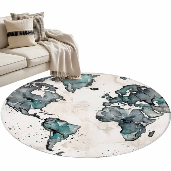 Vintage Map Round Area Rugs Collection 3', Teal Flowers Color Block Abstract Non Slip Indoor Circular Throw Runner Rug Floor Mat Carpet for Living Room Dining Table Bedroom Nursery