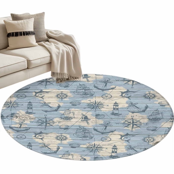 Vintage Map Round Area Rug 4ft Abstract Route Sailing Anchor Compass Non-Slip Washable Circle Rugs Soft Felt Indoor Floor Mat for Bedroom Kitchen Living Room Bathroom
