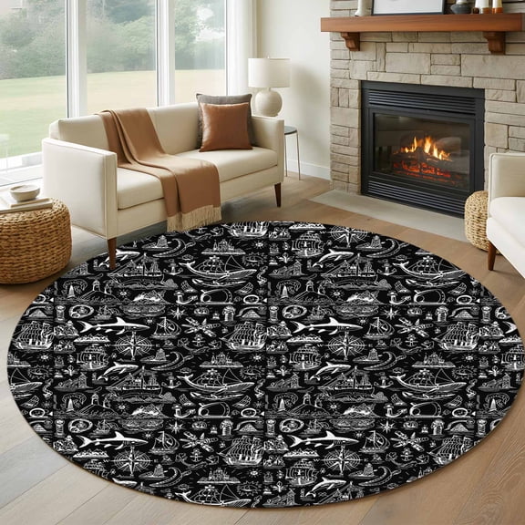 Vintage Map Round Living Room Rugs 6 ft, Watercolor Navigation Boat White Line Washable Area Rug with Non-Slip Sturdy Edge Binding Round Carpet for Kitchen Office Bedroom