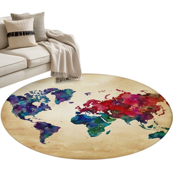 Vintage Map Round Rug 3ft Washable Circle Entryway Rugs Non Slip Travel World Map Watercolor Splashes Area Rug Indoor Floor Carpet for Bedroom Kitchen Living Room Home Office Dining Room Nursery